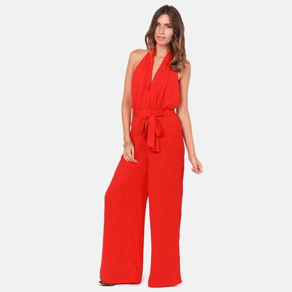 Lulus Red Halter Backless Sleeveless Jumpsuit Pants Cocktail Womens 2